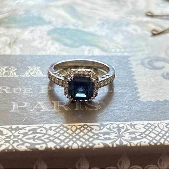 None Jewelry - Sterling Silver Ring with Deep Blue lab sapphire and CZ surround